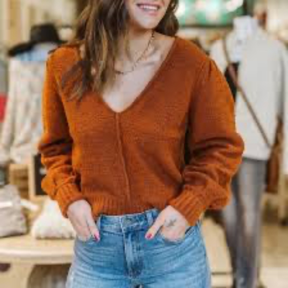 NWT Free People Reverie texture v-neck sweater XS brown burnt butter puff sleeve